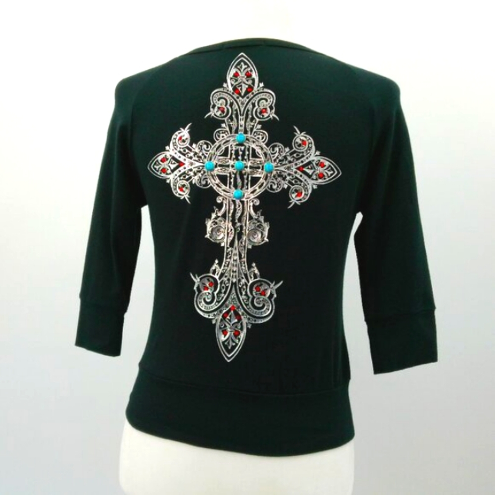 Nally & Millie Zip Up Crop Top Sz S Black Silver Gothic Cross Studs Rhinestones